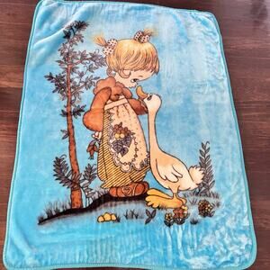 VTG Precious Moments "Girl with Duck" Plush Baby Kids Blanket 54”x43” Blue Warm